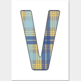 Monogram Letter V, Blue, Yellow and Grey Scottish Tartan Style Typography Design Posters and Art